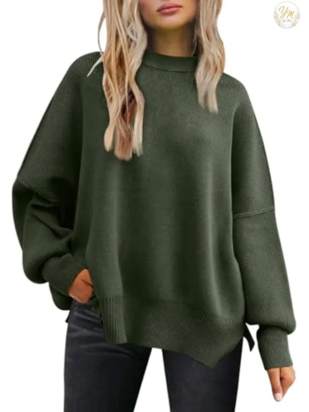 Oversized Batwing Knit Sweater Crewneck Side Slit Tunic Top Fall Winter Pullover